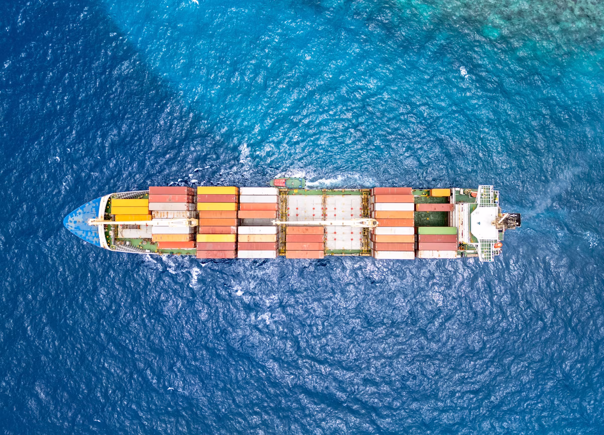 Aerial view of a cargo ship at sea
