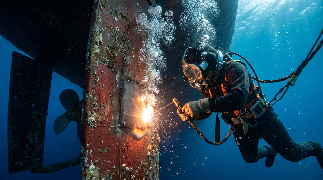Commercial diver performing underwater welding on vessel hull